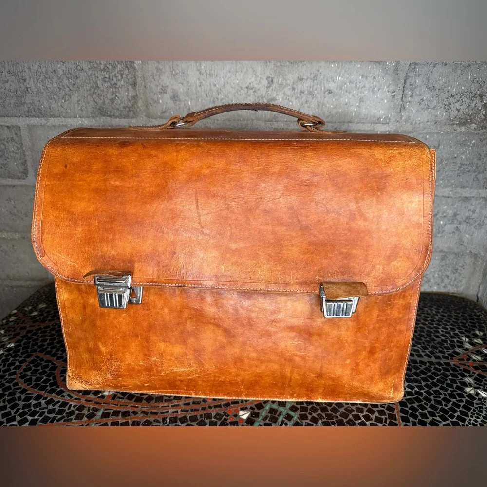 Vintage 1980s Madagascar Leather Briefcase Satchel Brown Work Bag